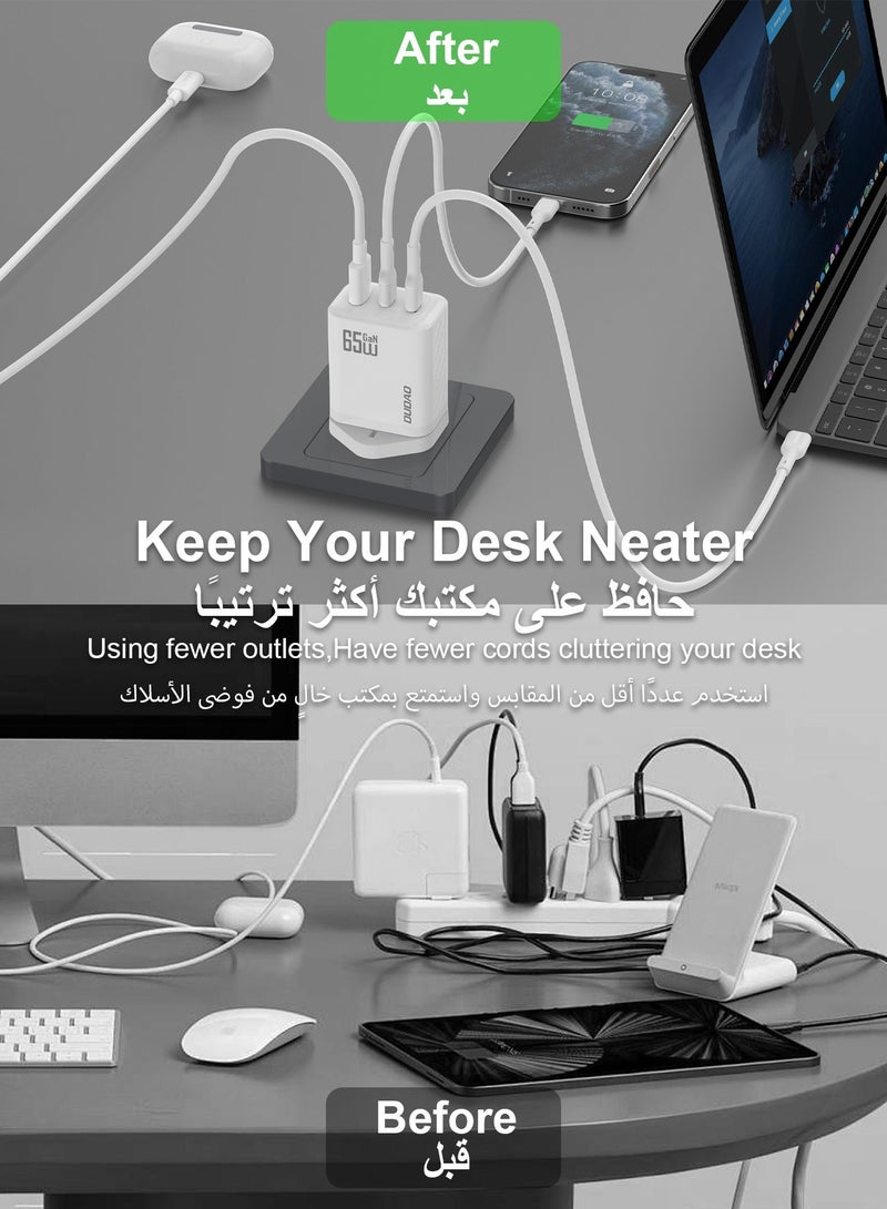 DUDAO 65W GaN 3-Port Super Fast Charger, Compact Laptop Charger Type C Wall Charger, USB + 2*Type-C Power Adapter, 9-Layer Safety Protection, Smart Temperature Control, Compatible with All Phone Models, Tablets, Laptops, Watches - Image 4